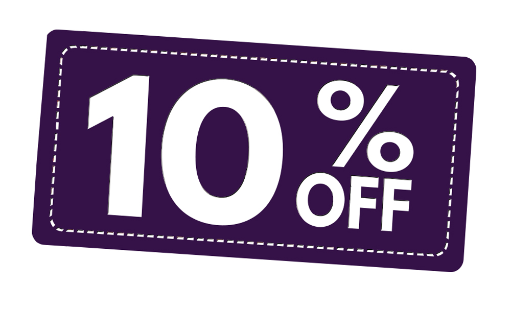 A purple background with white stitching boarder and 10% off written in white