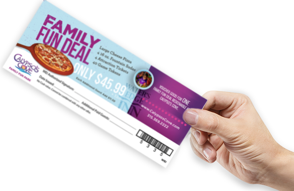 A hand holding a calypso's cove family fun deal coupon that says large cheese pizza, 4, 16oz fountain sodas4 attraction tickers, 40 game tokens, only $45.99