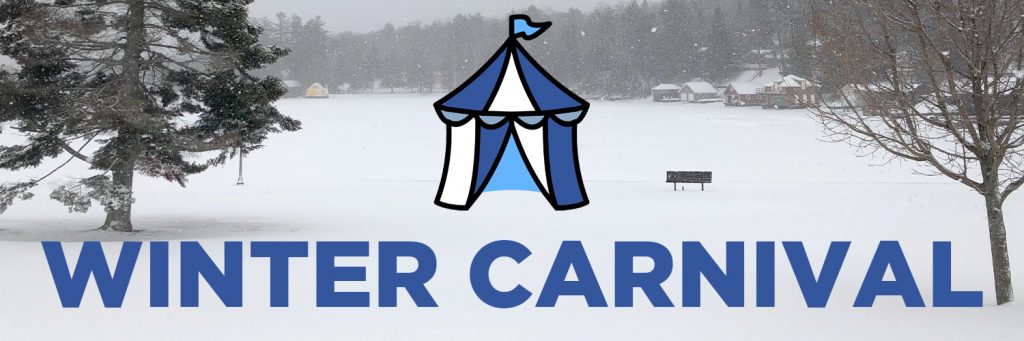 A picture of the lake in winter and winter carnival written over it with a cartoon tent