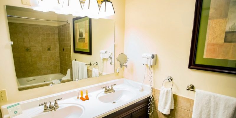 A bathroom with a bathtub shower, a toilet, and a double sink