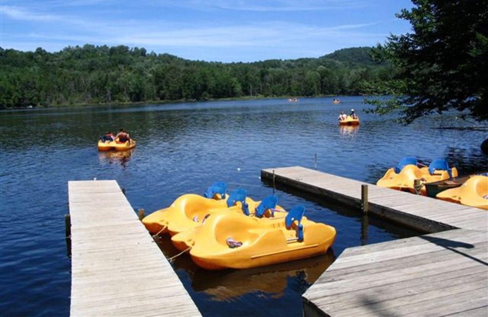 Paddle boats docked on the lake with some boats on the water