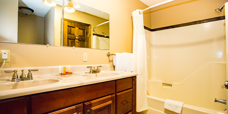 double vanity sink next to a shower in a hotel bathroom