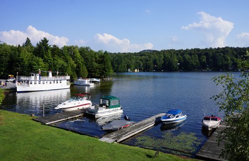 The lake on a sunny summer day with the trees and boats in the background