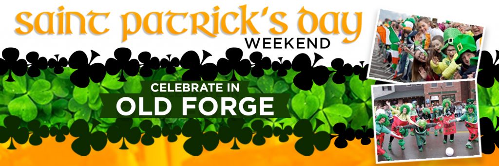 The Irish flag with the green part as clovers, on the side are two pictures of the saint Patricks day parade and saint Patricks day weekend celebrate in old forge is written